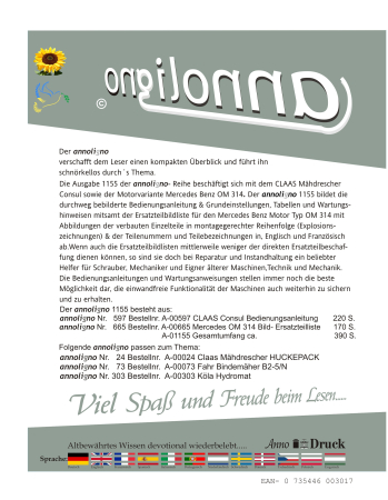 CLAAS Mähdrescher Consul Bild Bedienungsanleitung + Mercedes Benz Motor OM 314 Bild- Ersatzteilliste mit Explosionszeichnungen - annoligno 1155